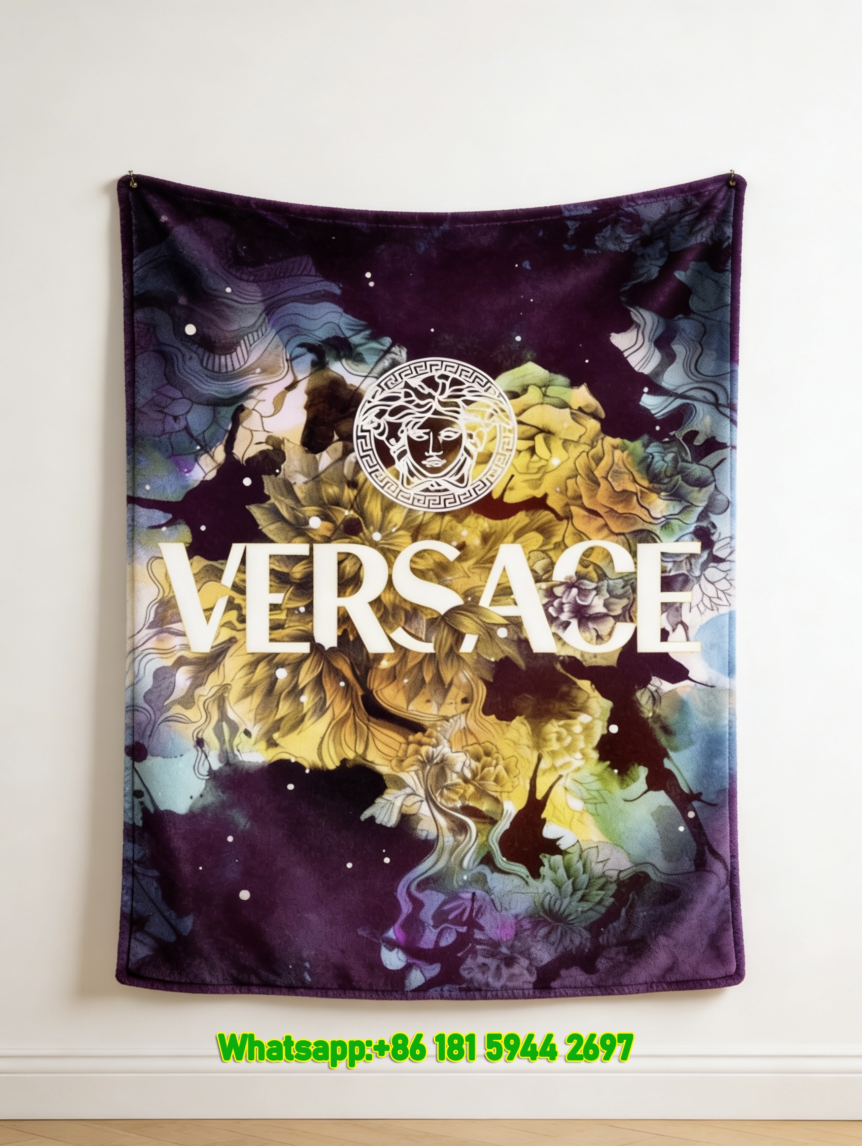 Versace Multicolor Purple Gold Floral Medusa Print Flannel Sofa Throw Blanket IMG_1320